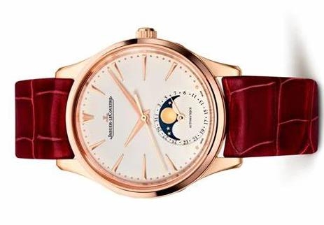 The red strap fake watch has moon phase.